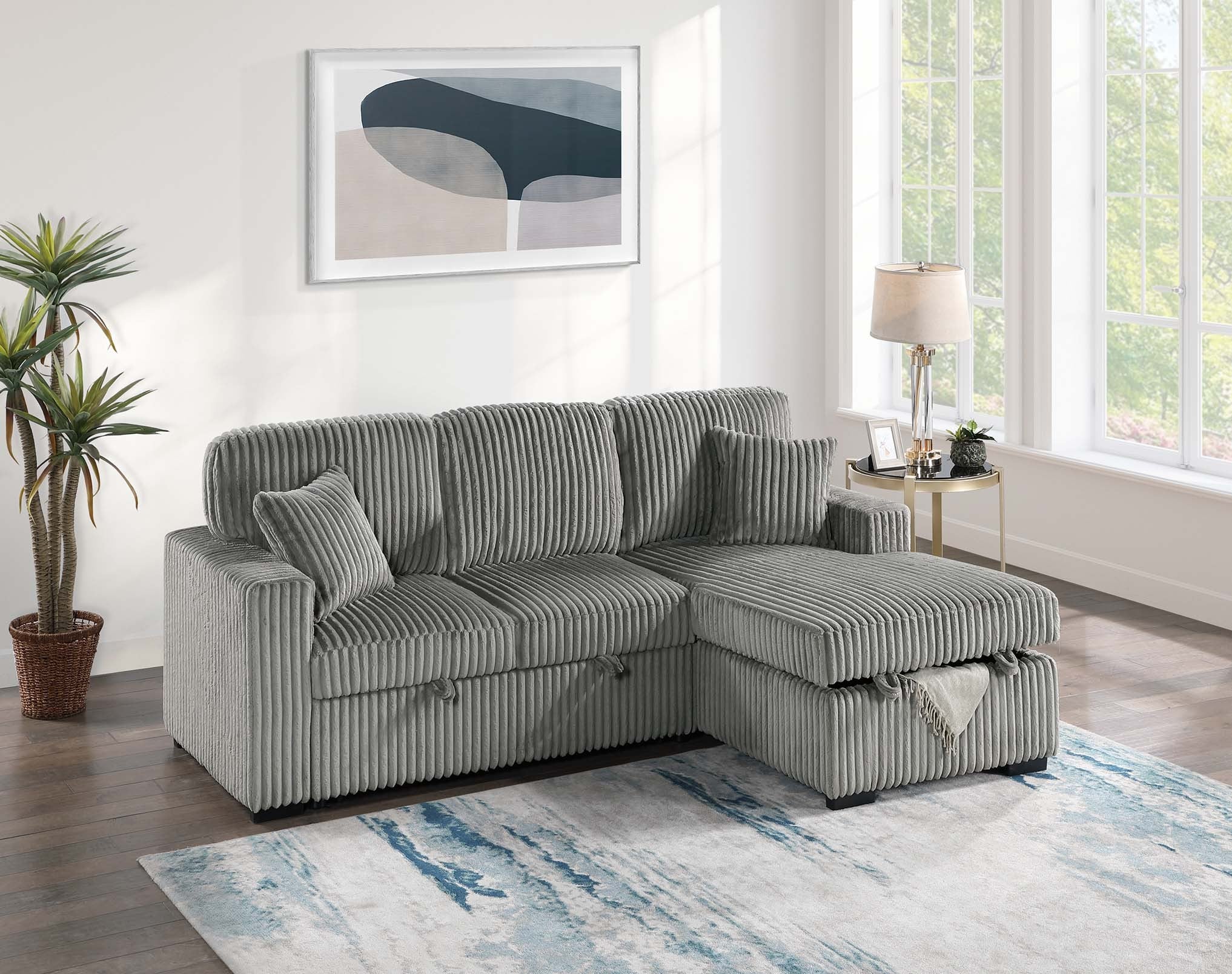 Poundex F8551 2 pc Smoke grey corduroy fabric sectional sofa with pop up sleep area and storage chaise drop down tray table