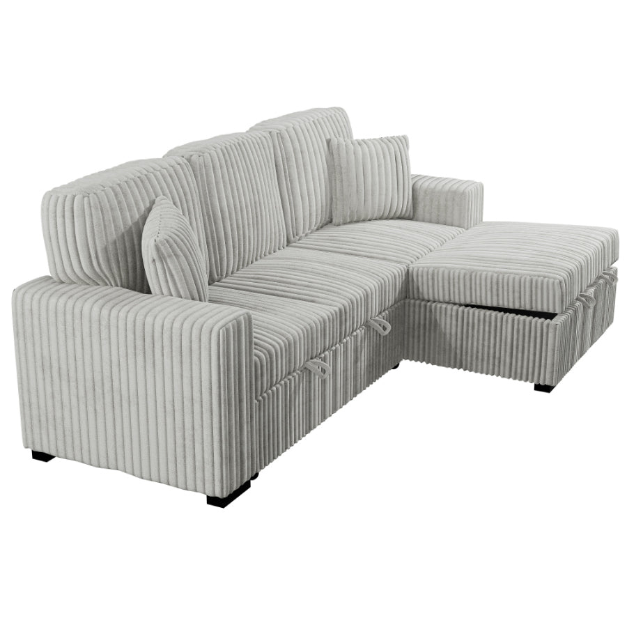 Poundex F8552 2 pc Ash grey corduroy fabric sectional sofa with pop up sleep area and storage chaise drop down tray table
