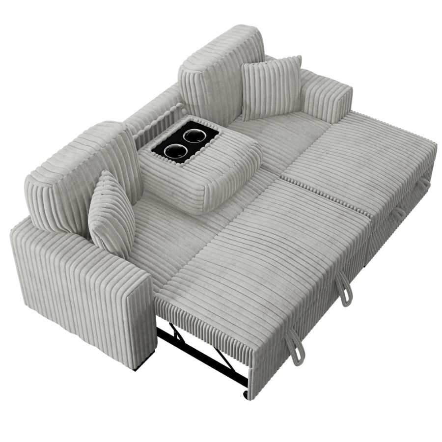 Poundex F8552 2 pc Ash grey corduroy fabric sectional sofa with pop up sleep area and storage chaise drop down tray table