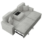 Poundex F8552 2 pc Ash grey corduroy fabric sectional sofa with pop up sleep area and storage chaise drop down tray table