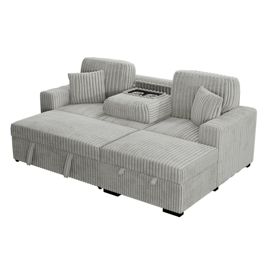 Poundex F8552 2 pc Ash grey corduroy fabric sectional sofa with pop up sleep area and storage chaise drop down tray table