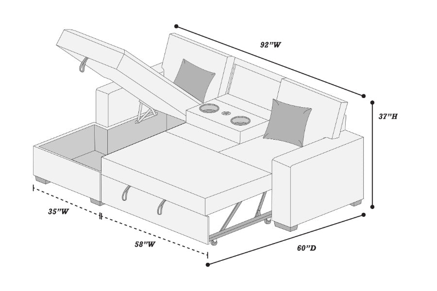 Poundex F8552 2 pc Ash grey corduroy fabric sectional sofa with pop up sleep area and storage chaise drop down tray table