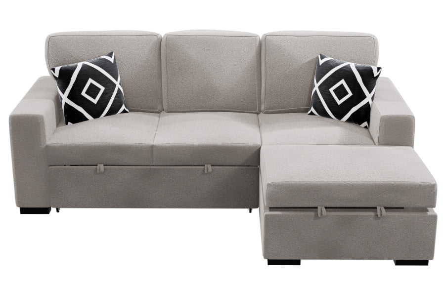 Poundex F8554 2 pc Beige boucle fabric sectional sofa with pop up sleep area and storage chaise drop down tray table wireless charging