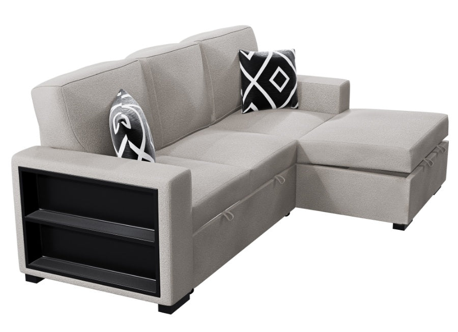 Poundex F8554 2 pc Beige boucle fabric sectional sofa with pop up sleep area and storage chaise drop down tray table wireless charging