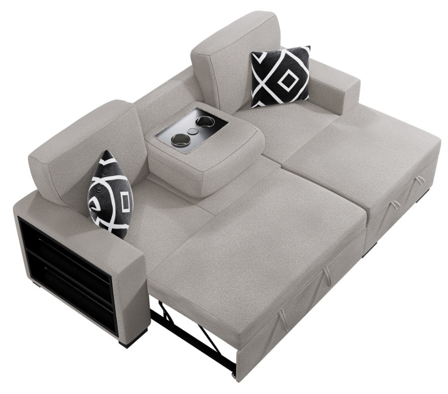 Poundex F8554 2 pc Beige boucle fabric sectional sofa with pop up sleep area and storage chaise drop down tray table wireless charging