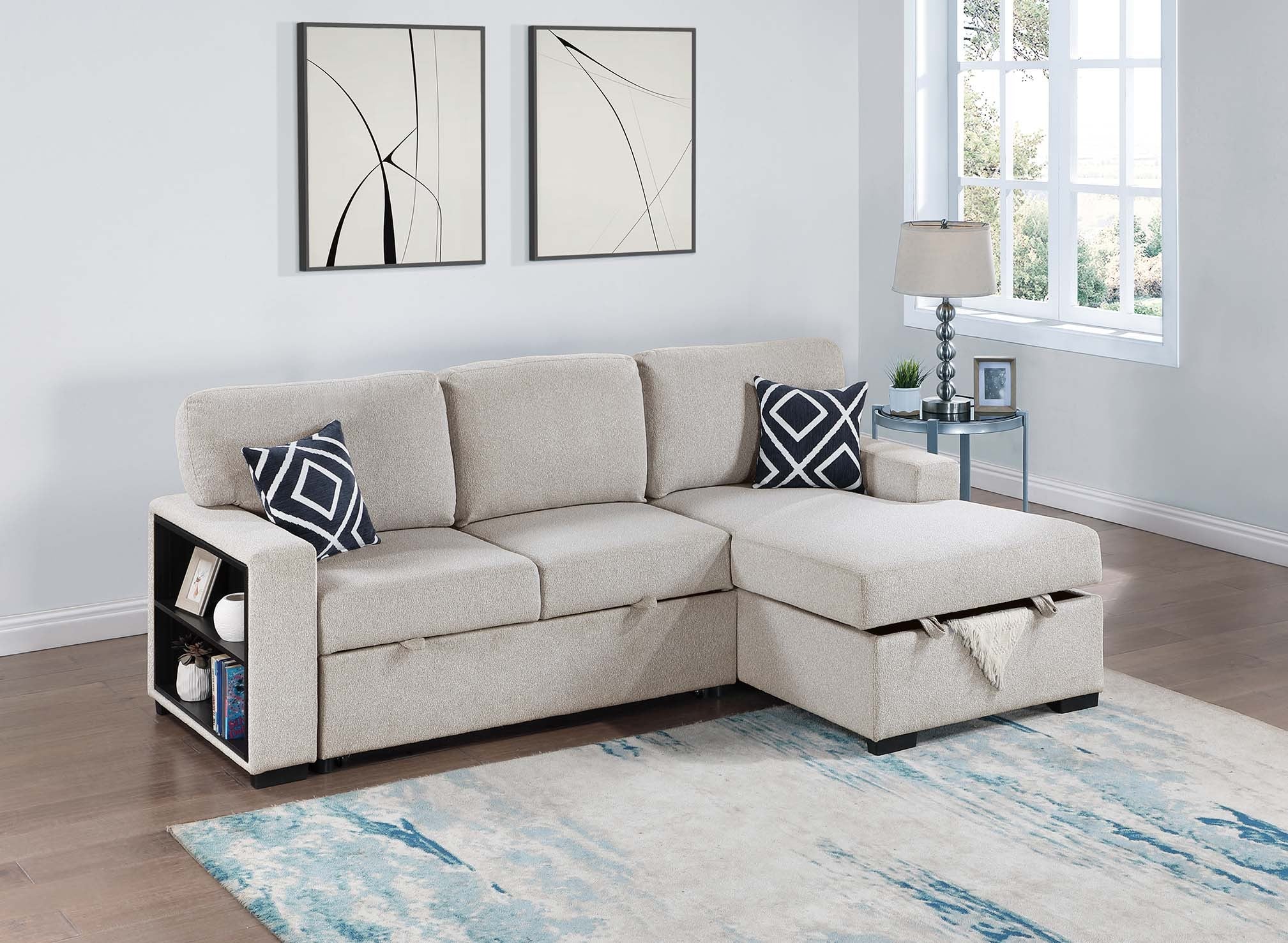 Poundex F8554 2 pc Beige boucle fabric sectional sofa with pop up sleep area and storage chaise drop down tray table wireless charging