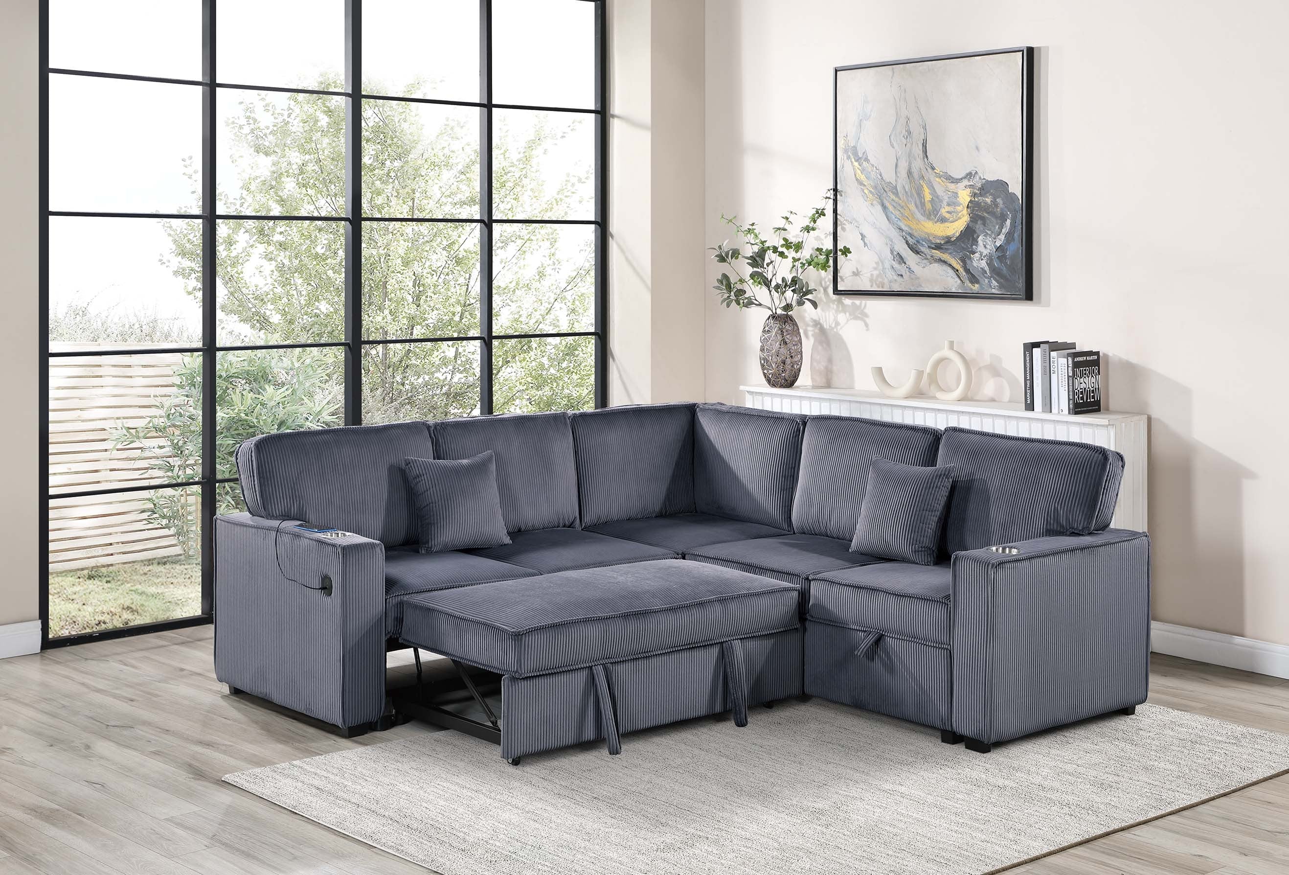 F8555 Poundex 3-Piece Dark Grey Corduroy Sectional Sofa with Pop