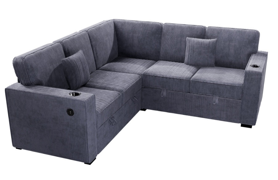 Poundex F8555 3 pc Dark grey corduroy fabric sectional sofa with pop up sleep area and storage love seat cup holders and USB charging