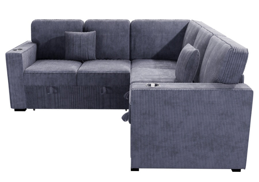 Poundex F8555 3 pc Dark grey corduroy fabric sectional sofa with pop up sleep area and storage love seat cup holders and USB charging