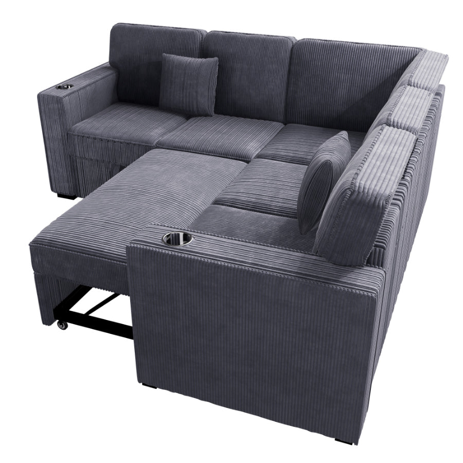 Poundex F8555 3 pc Dark grey corduroy fabric sectional sofa with pop up sleep area and storage love seat cup holders and USB charging