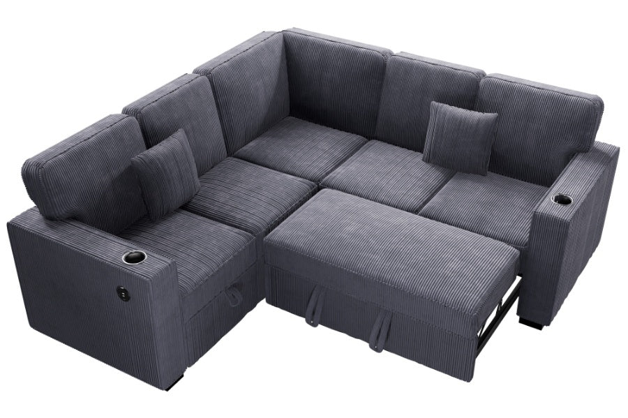 Poundex F8555 3 pc Dark grey corduroy fabric sectional sofa with pop up sleep area and storage love seat cup holders and USB charging