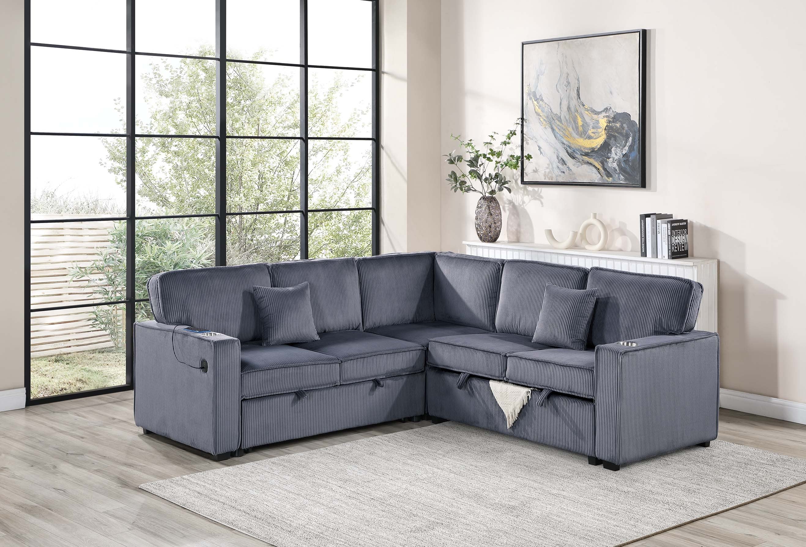 Poundex F8555 3 pc Dark grey corduroy fabric sectional sofa with pop up sleep area and storage love seat cup holders and USB charging