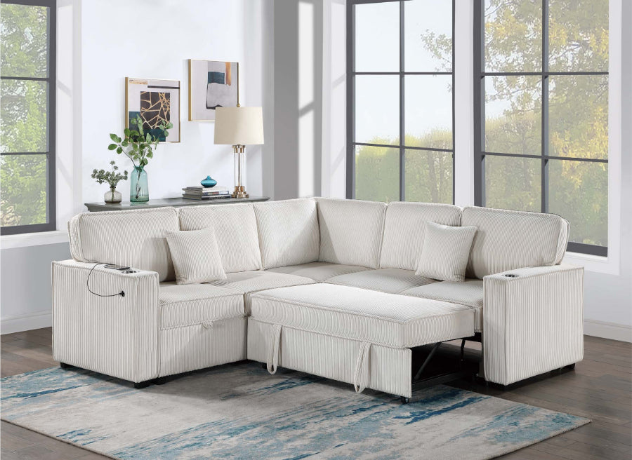 Poundex F8556 3 pc Beige corduroy fabric sectional sofa with pop up sleep area and storage love seat cup holders and USB charging
