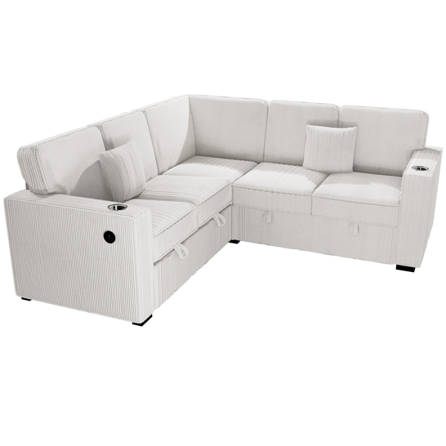 Poundex F8556 3 pc Beige corduroy fabric sectional sofa with pop up sleep area and storage love seat cup holders and USB charging