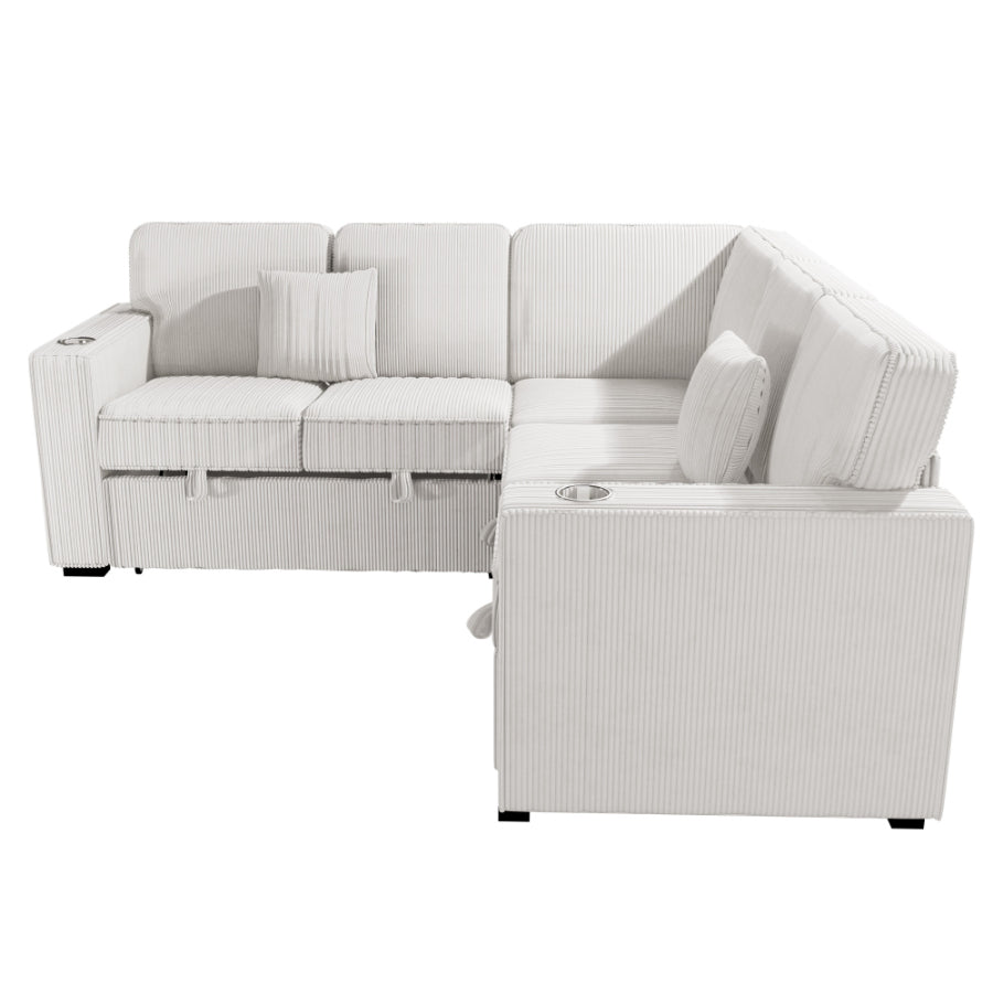 Poundex F8556 3 pc Beige corduroy fabric sectional sofa with pop up sleep area and storage love seat cup holders and USB charging