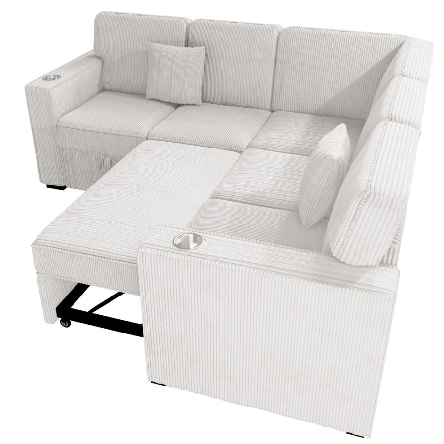 Poundex F8556 3 pc Beige corduroy fabric sectional sofa with pop up sleep area and storage love seat cup holders and USB charging