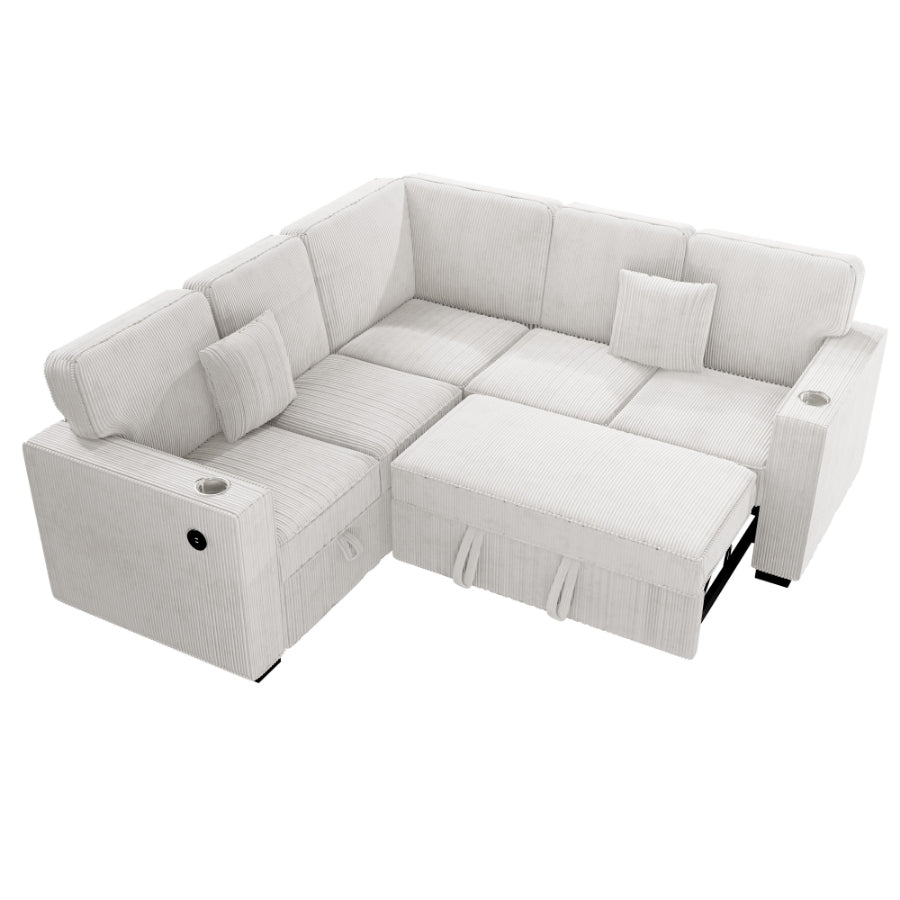 Poundex F8556 3 pc Beige corduroy fabric sectional sofa with pop up sleep area and storage love seat cup holders and USB charging