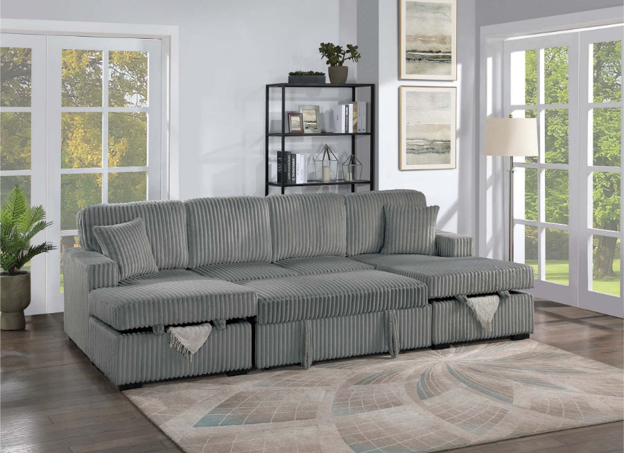 Poundex F8557 3 pc Smoke grey corduroy fabric sectional sofa with double storage chaise and pop up sleep area in center