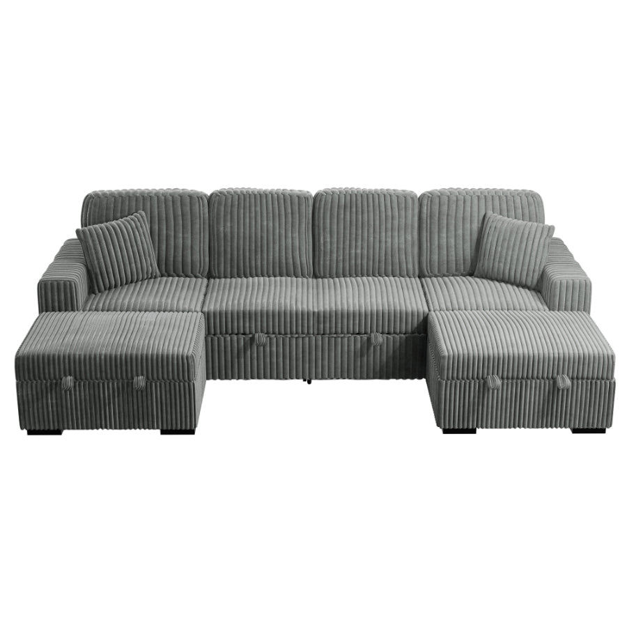 Poundex F8557 3 pc Smoke grey corduroy fabric sectional sofa with double storage chaise and pop up sleep area in center