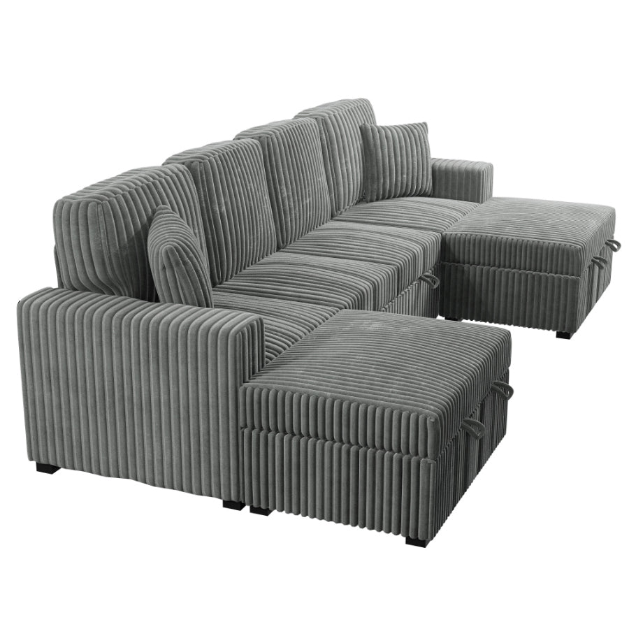 Poundex F8557 3 pc Smoke grey corduroy fabric sectional sofa with double storage chaise and pop up sleep area in center