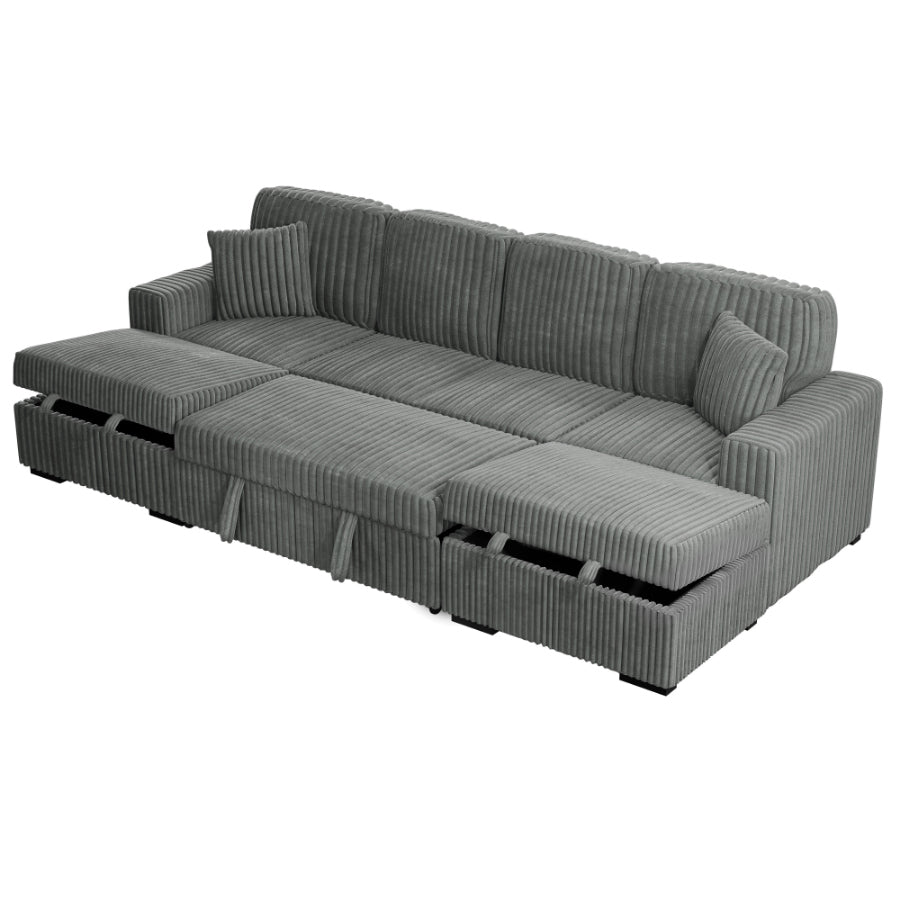 Poundex F8557 3 pc Smoke grey corduroy fabric sectional sofa with double storage chaise and pop up sleep area in center
