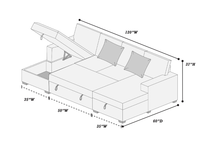 Poundex F8557 3 pc Smoke grey corduroy fabric sectional sofa with double storage chaise and pop up sleep area in center