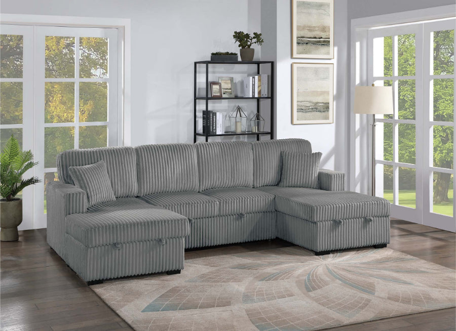 Poundex F8557 3 pc Smoke grey corduroy fabric sectional sofa with double storage chaise and pop up sleep area in center