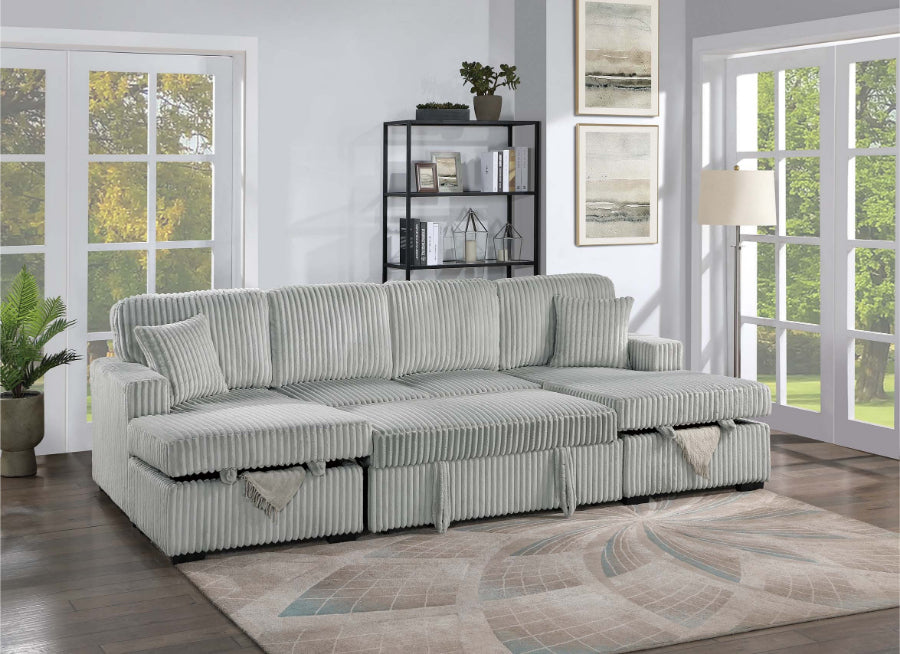 Poundex F8558 3 pc Ash grey corduroy fabric sectional sofa with double storage chaise and pop up sleep area in center