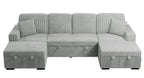 Poundex F8558 3 pc Ash grey corduroy fabric sectional sofa with double storage chaise and pop up sleep area in center
