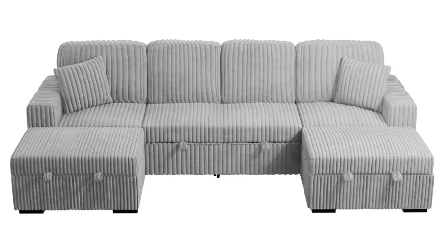 Poundex F8558 3 pc Ash grey corduroy fabric sectional sofa with double storage chaise and pop up sleep area in center