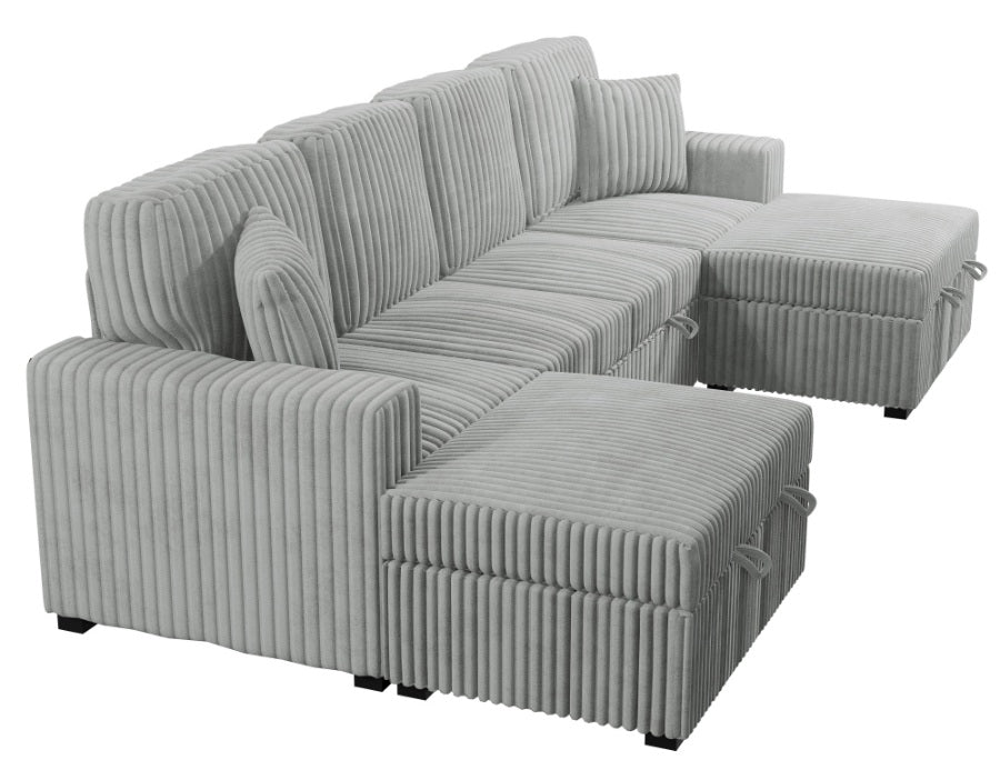 Poundex F8558 3 pc Ash grey corduroy fabric sectional sofa with double storage chaise and pop up sleep area in center