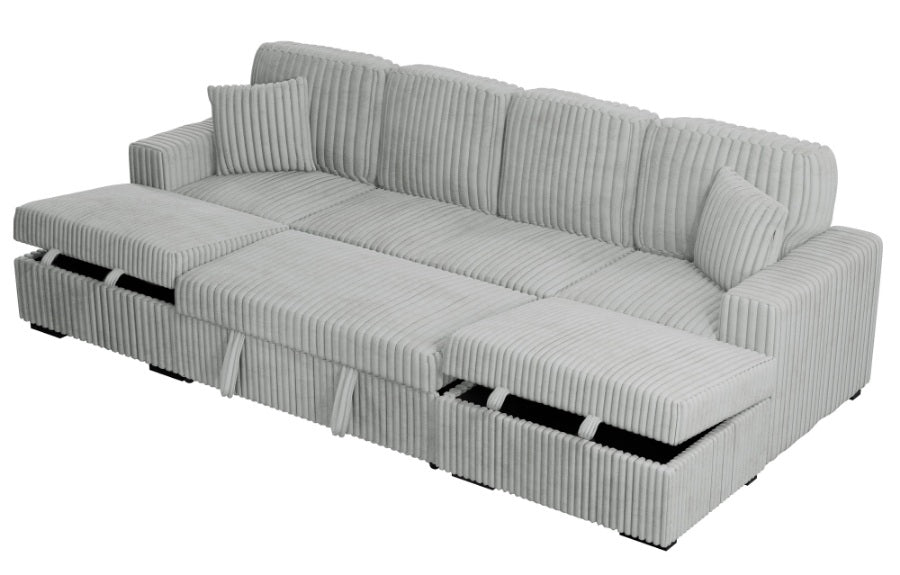 Poundex F8558 3 pc Ash grey corduroy fabric sectional sofa with double storage chaise and pop up sleep area in center