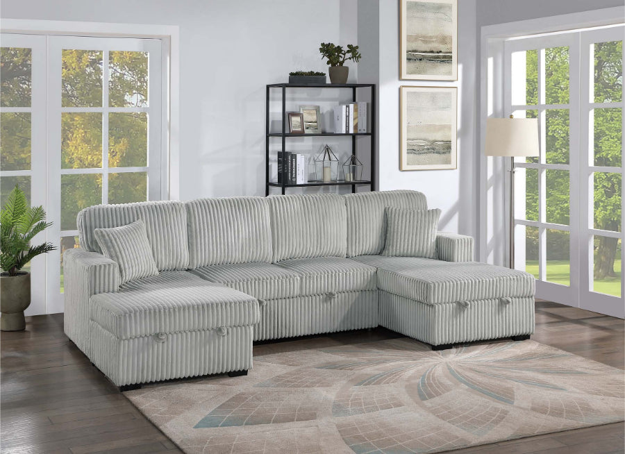Poundex F8558 3 pc Ash grey corduroy fabric sectional sofa with double storage chaise and pop up sleep area in center