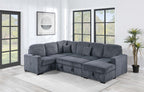 Poundex F8559 4 pc Dark grey corduroy fabric sectional sofa with storage chaise and love seat and pop up sleep area in center USB charging