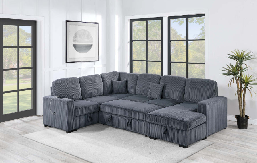 Poundex F8559 4 pc Dark grey corduroy fabric sectional sofa with storage chaise and love seat and pop up sleep area in center USB charging