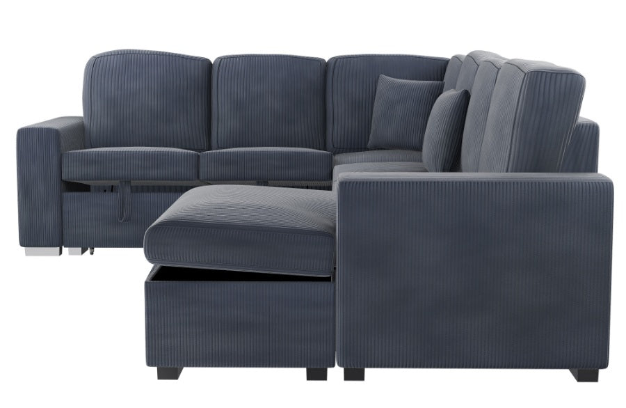 Poundex F8559 4 pc Dark grey corduroy fabric sectional sofa with storage chaise and love seat and pop up sleep area in center USB charging