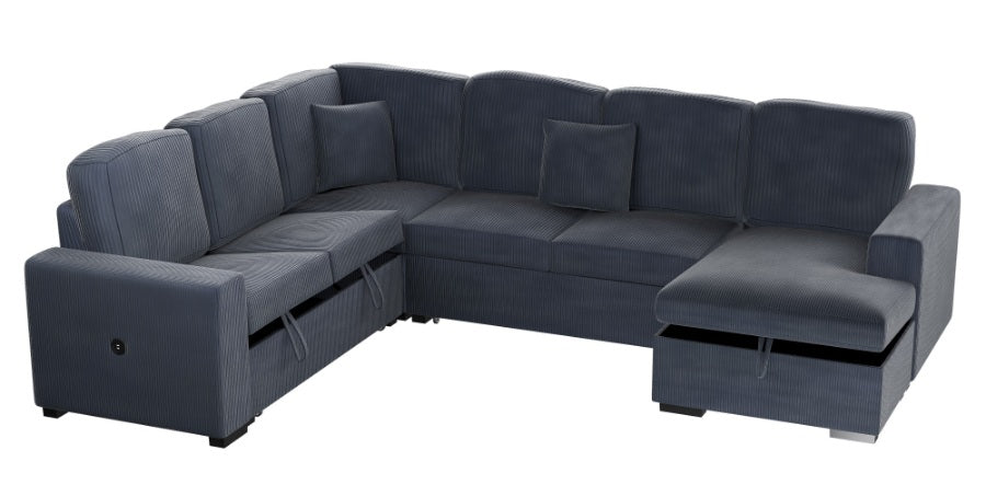 Poundex F8559 4 pc Dark grey corduroy fabric sectional sofa with storage chaise and love seat and pop up sleep area in center USB charging