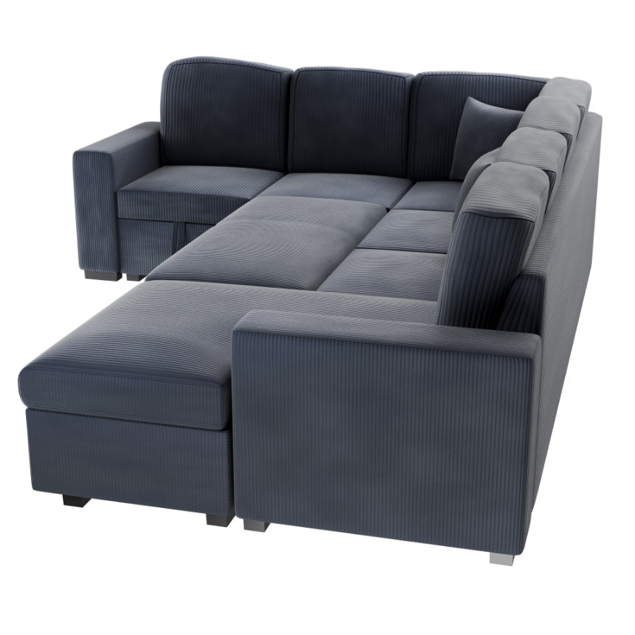 Poundex F8559 4 pc Dark grey corduroy fabric sectional sofa with storage chaise and love seat and pop up sleep area in center USB charging