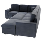 Poundex F8559 4 pc Dark grey corduroy fabric sectional sofa with storage chaise and love seat and pop up sleep area in center USB charging