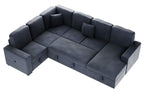 Poundex F8559 4 pc Dark grey corduroy fabric sectional sofa with storage chaise and love seat and pop up sleep area in center USB charging