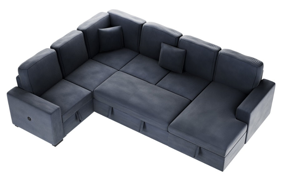 Poundex F8559 4 pc Dark grey corduroy fabric sectional sofa with storage chaise and love seat and pop up sleep area in center USB charging