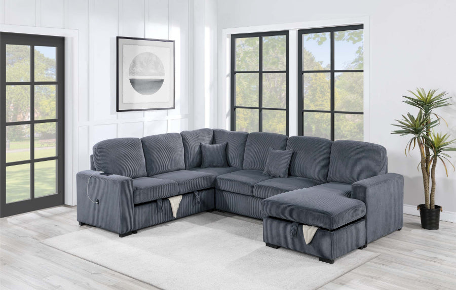 Poundex F8559 4 pc Dark grey corduroy fabric sectional sofa with storage chaise and love seat and pop up sleep area in center USB charging