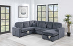 Poundex F8559 4 pc Dark grey corduroy fabric sectional sofa with storage chaise and love seat and pop up sleep area in center USB charging