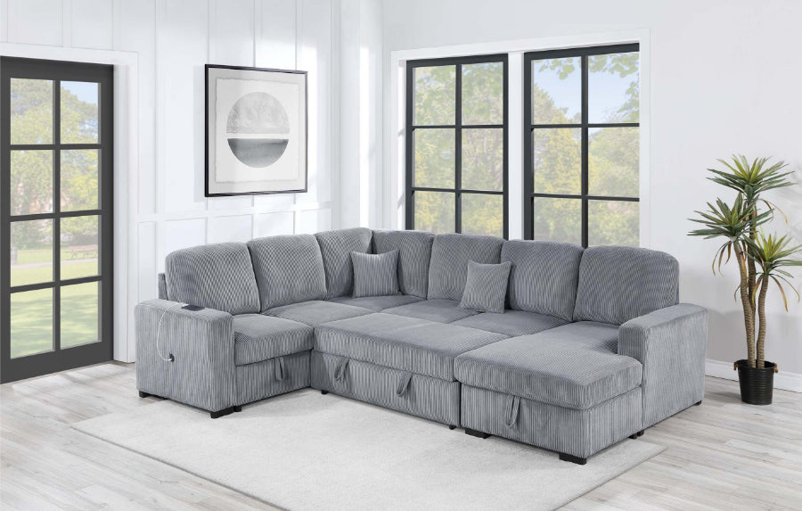 Poundex F8560 4 pc Fog grey corduroy fabric sectional sofa with storage chaise and love seat and pop up sleep area in center USB charging