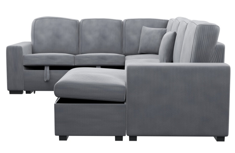 Poundex F8560 4 pc Fog grey corduroy fabric sectional sofa with storage chaise and love seat and pop up sleep area in center USB charging