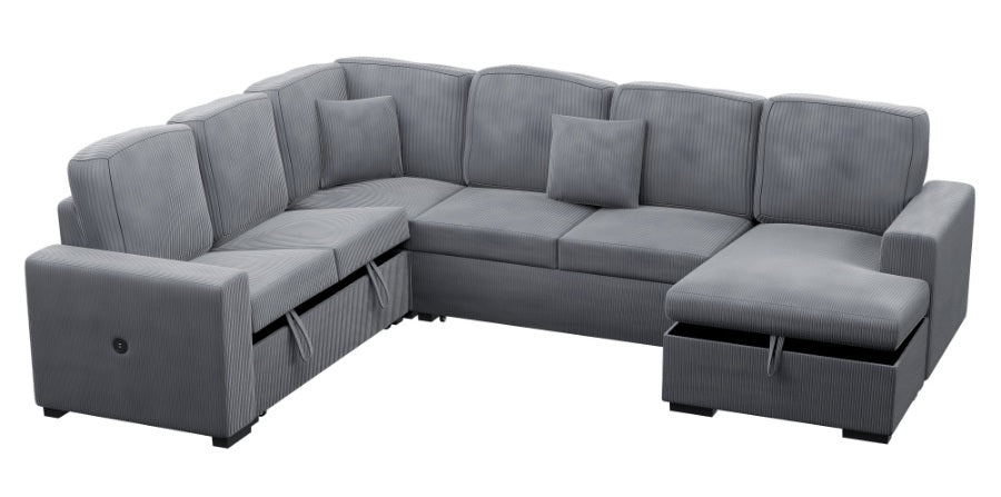 Poundex F8560 4 pc Fog grey corduroy fabric sectional sofa with storage chaise and love seat and pop up sleep area in center USB charging