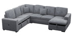 Poundex F8560 4 pc Fog grey corduroy fabric sectional sofa with storage chaise and love seat and pop up sleep area in center USB charging