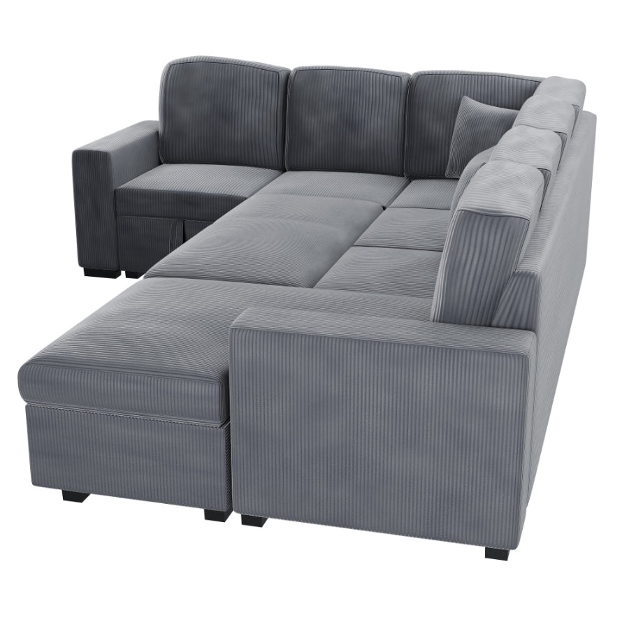 Poundex F8560 4 pc Fog grey corduroy fabric sectional sofa with storage chaise and love seat and pop up sleep area in center USB charging