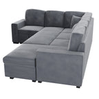 Poundex F8560 4 pc Fog grey corduroy fabric sectional sofa with storage chaise and love seat and pop up sleep area in center USB charging