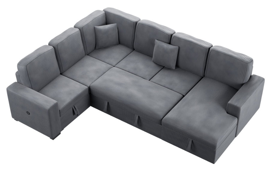 Poundex F8560 4 pc Fog grey corduroy fabric sectional sofa with storage chaise and love seat and pop up sleep area in center USB charging